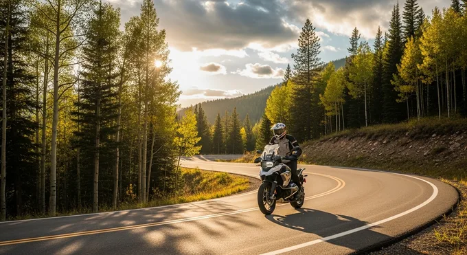 A motorcyclist on a winding road through the forest