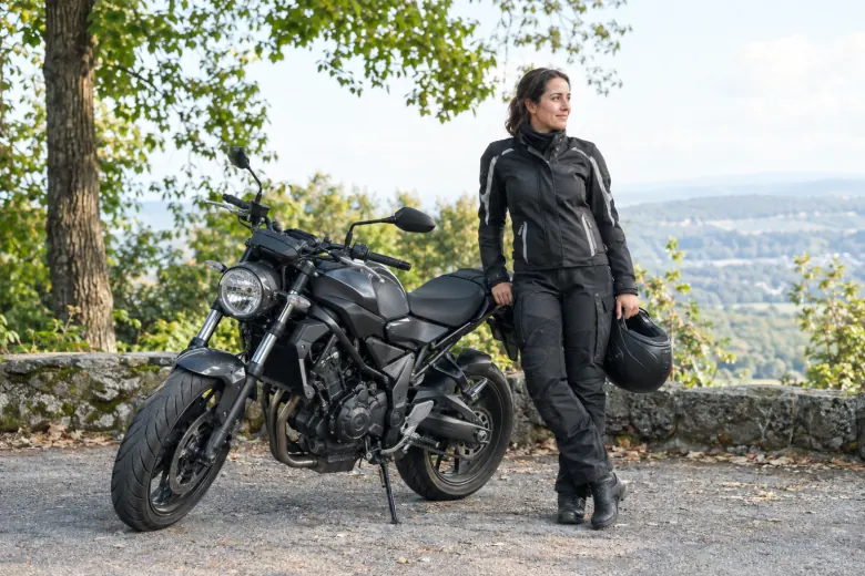Rider standing beside a parked motorcycle with helmet in hand