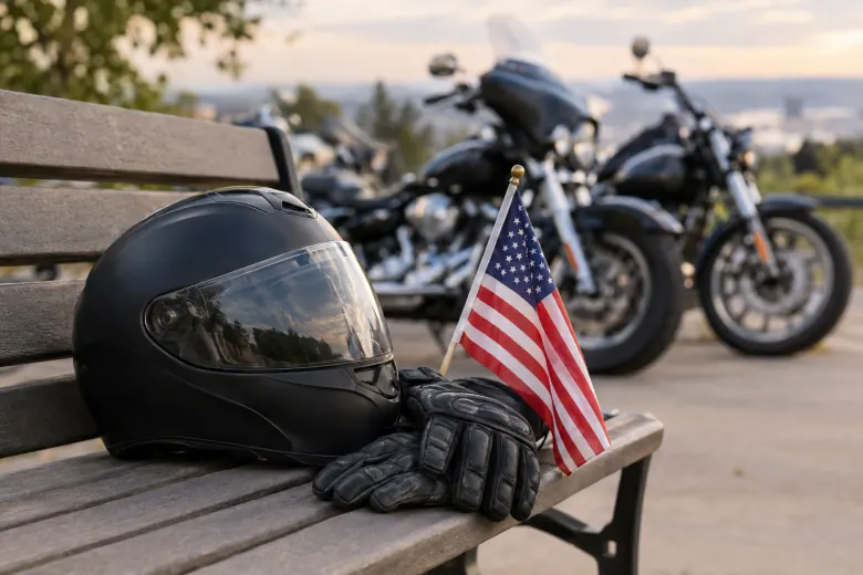 Helmet, gloves and an American flag beside parked motorcycles