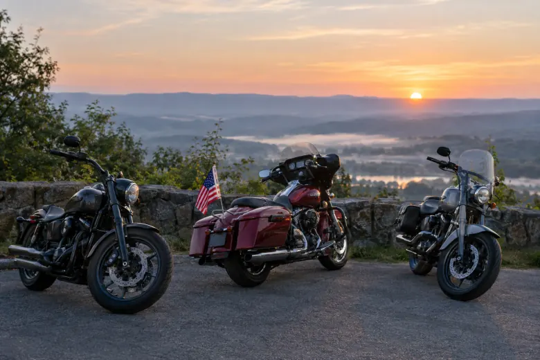 Three parked motorcycles with an American flag overlooking a valley
