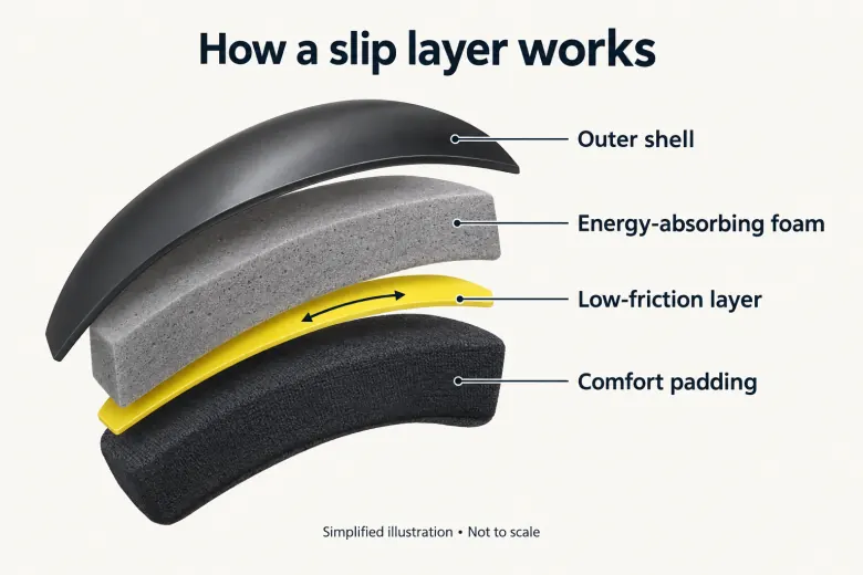 Simplified diagram showing outer shell, foam, low-friction layer and comfort padding