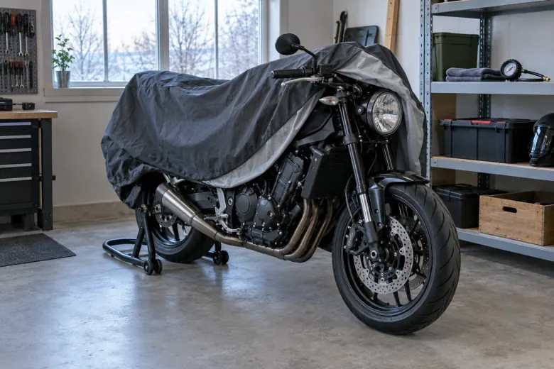 Motorcycle stored in a garage with a cover and rear paddock stand