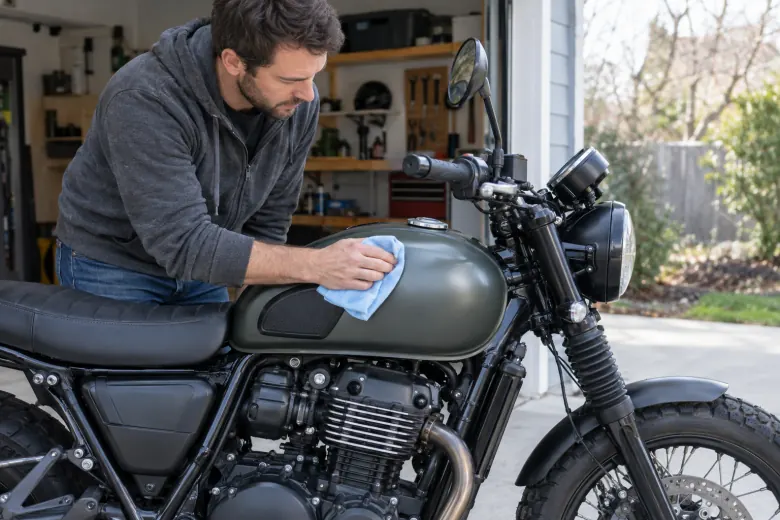 Rider wiping a motorcycle fuel tank with a cloth in a garage