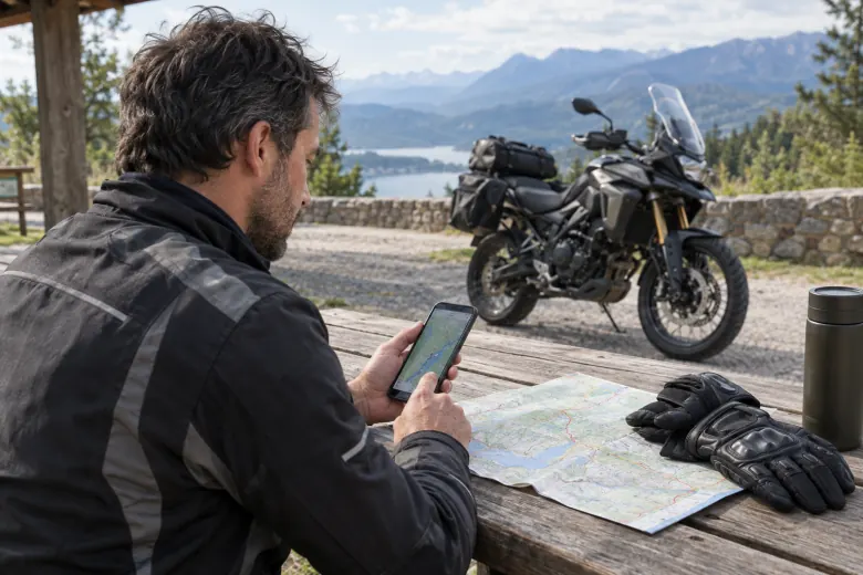 Rider checking a phone and paper map while stopped beside a motorcycle