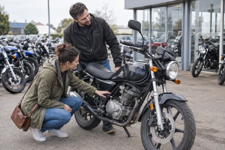 Two people inspecting a motorcycle outside a showroom