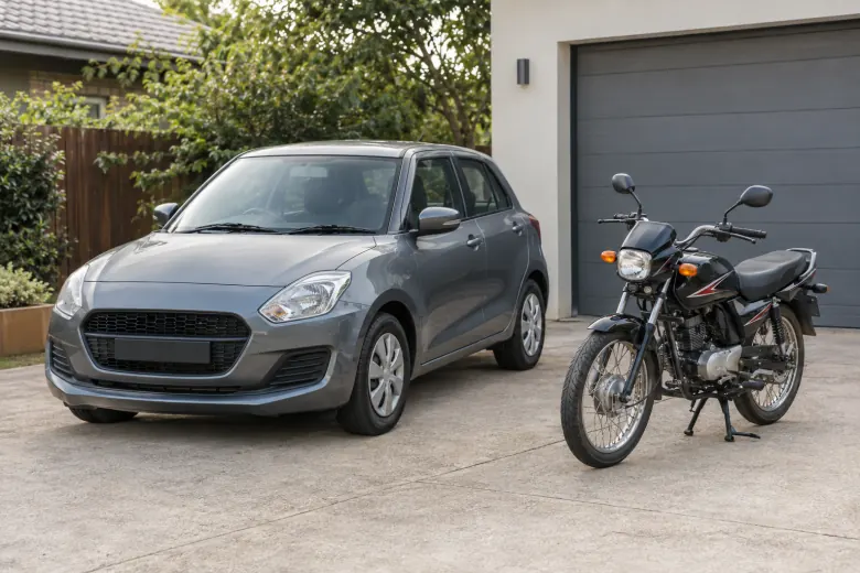 Small car and motorcycle parked beside each other in a driveway