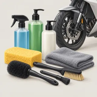 Illustration of generic motorcycle cleaning supplies, not the named kit