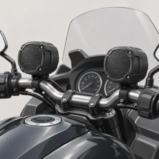 Illustration of a generic handlebar-mounted motorcycle speaker system, not the named model or package