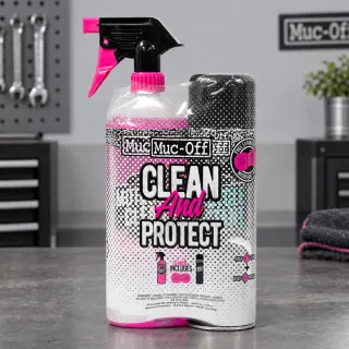 Packaged Muc-Off Motorcycle Care Kit in an AI-edited illustration