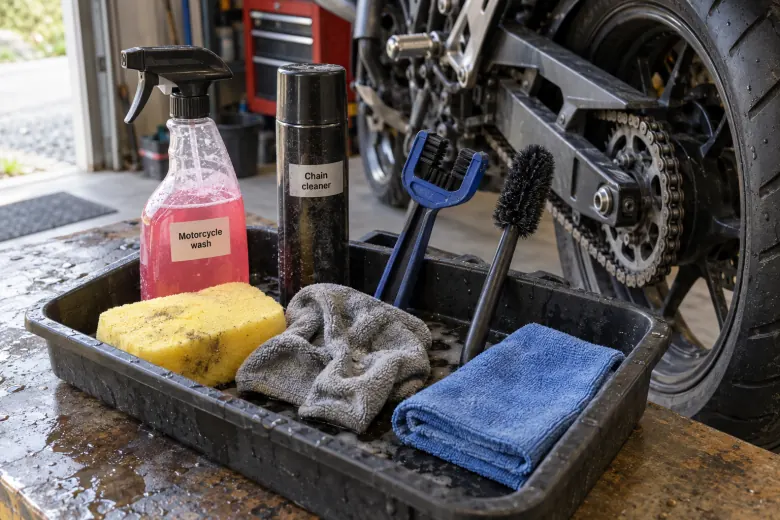 Generic motorcycle wash, chain cleaner, brushes, sponge and cloths beside a motorcycle chain