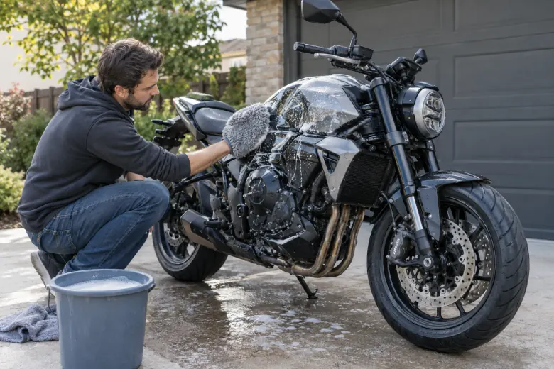 Rider washing a parked motorcycle with a wet mitt