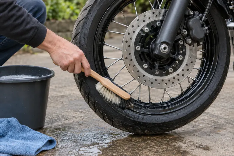 Hand using a brush to clean a motorcycle wheel beside a bucket