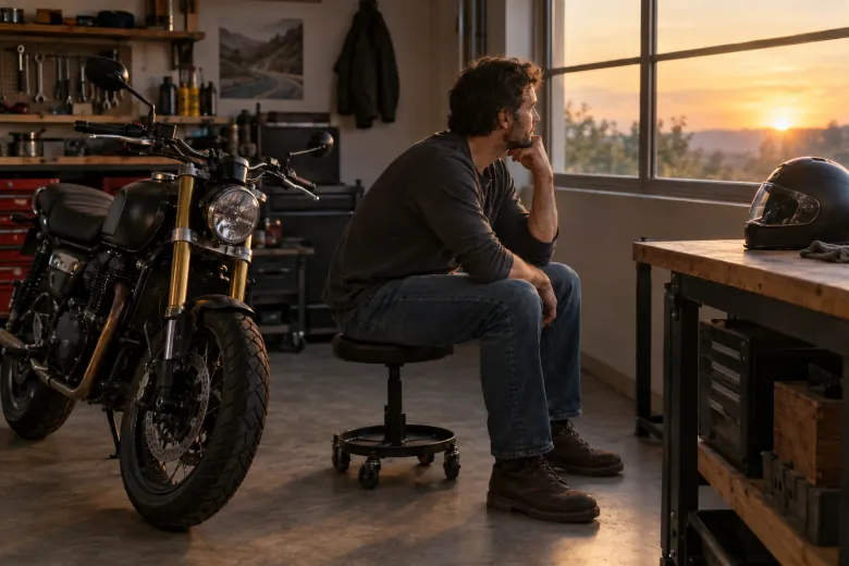 Rider sitting in a garage beside a motorcycle and helmet