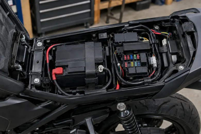 Motorcycle battery, fuse box and wiring beneath the seat