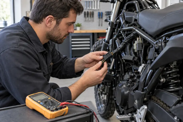 Person inspecting a motorcycle wiring connector beside a multimeter