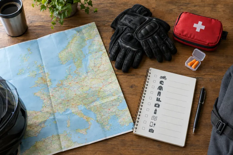 Map, gloves, first-aid pouch and trip checklist on a table