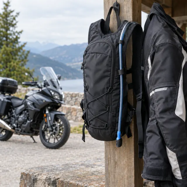 Hydration backpack and drinking tube beside a riding jacket
