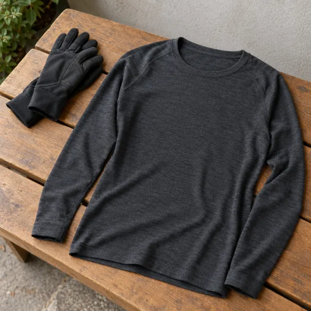 Dark long-sleeve base layer laid out with riding gloves