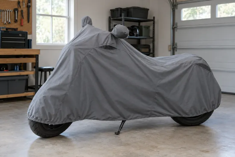 Covered motorcycle parked inside a dry garage