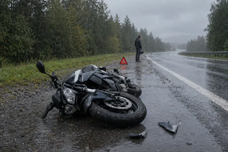 Illustrative rainy-road crash aftermath with a fallen motorcycle and an uninjured rider