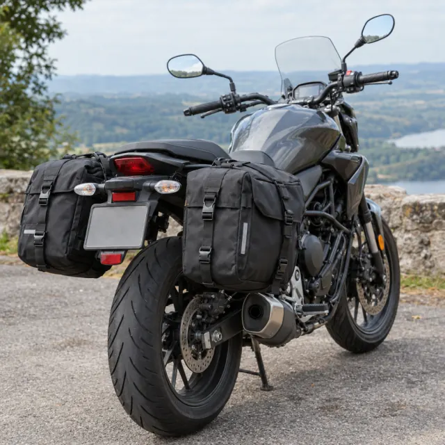 Soft saddlebags fitted to a parked touring motorcycle