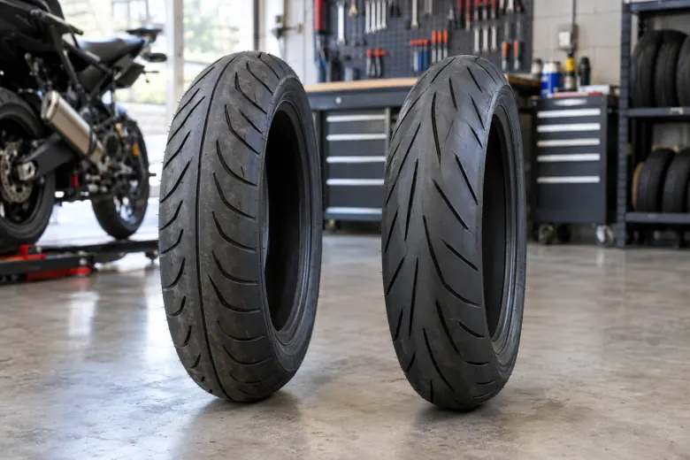 Two unbranded motorcycle tyres standing in a workshop