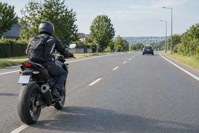 Motorcyclist observing a car ahead on an open road