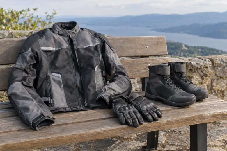 Riding jacket, gloves and boots arranged on a bench