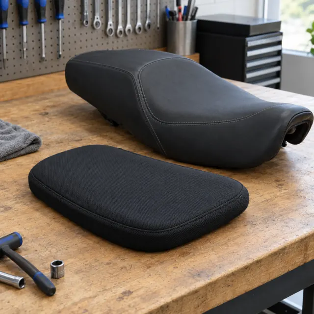 Motorcycle seat and separate cushioning pad on a workbench