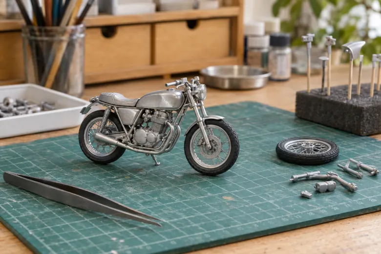 Small motorcycle model and loose parts on a hobby workbench