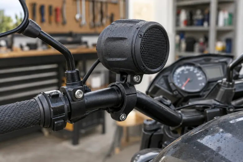 Close view of a small speaker mounted beside a motorcycle grip