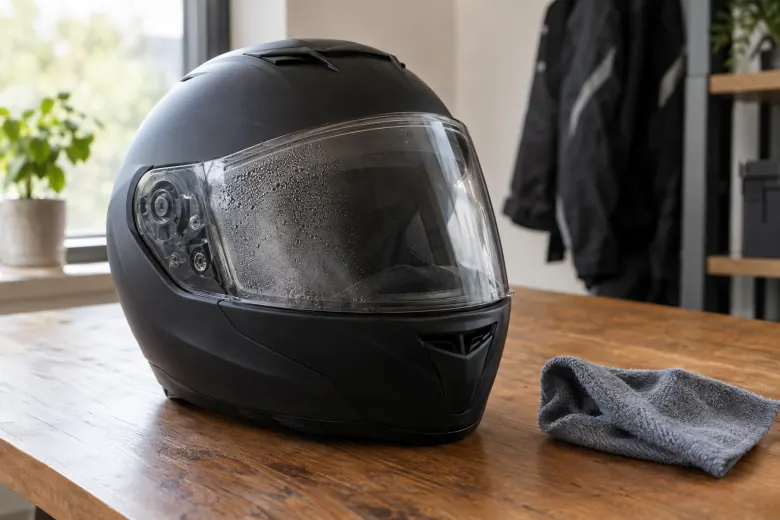 Full-face helmet with moisture on its visor beside a cloth