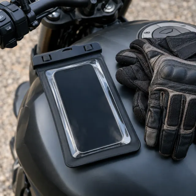 Phone in a clear protective pouch beside riding gloves
