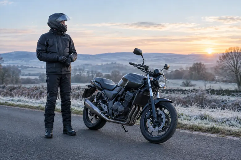 Rider in winter gear standing beside a parked motorcycle on a frosty morning