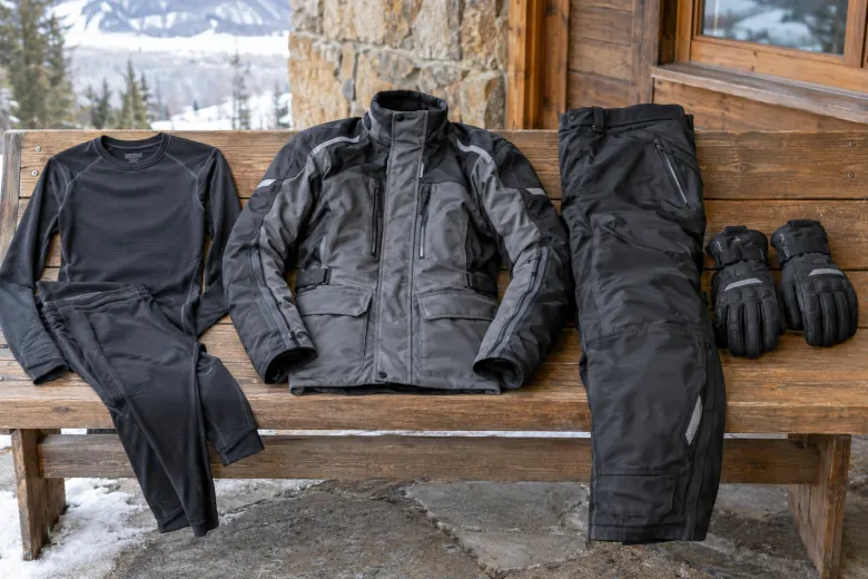 Base layers, insulated riding clothing and gloves laid out on a bench